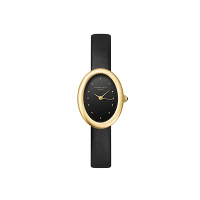 Rosefield Gold  Ovale Ladies Watch With Black Matte Dial & Black Leather Strap