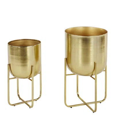 Rosemary Lane Contemporary Style Large Round Metallic Planters In Stands, Set Of 2 In Gold-tone