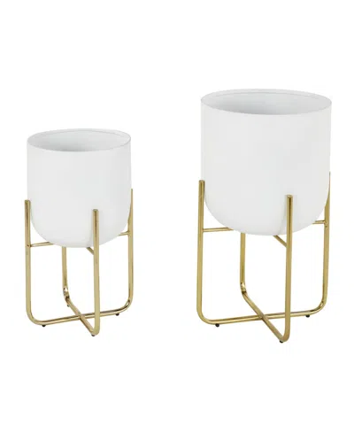 Rosemary Lane Contemporary Style Large Round Metallic Planters In Stands, Set Of 2 In White