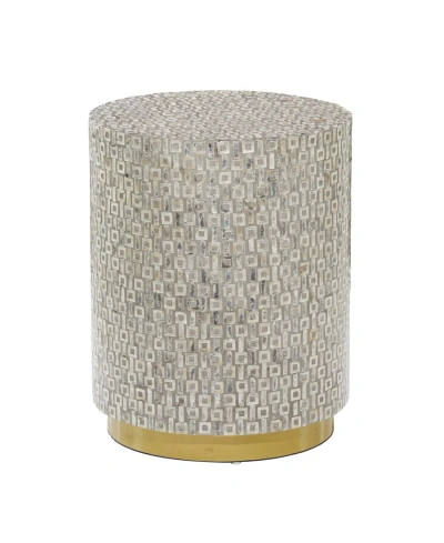 Rosemary Lane Mother Of Pearl Drum Accent Table With Linear Mosaic Pattern And Gold Base In Gray