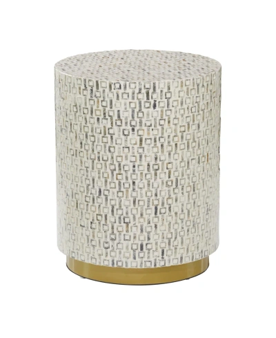 Rosemary Lane Mother Of Pearl Drum Accent Table With Linear Mosaic Pattern And Gold Base In White