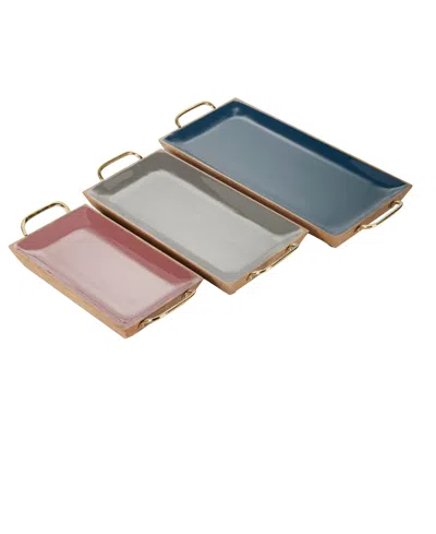 Rosemary Lane Multi Colored Mango Wood Tray With Enamel Interior, Set Of 3, 24", 18", 15" W