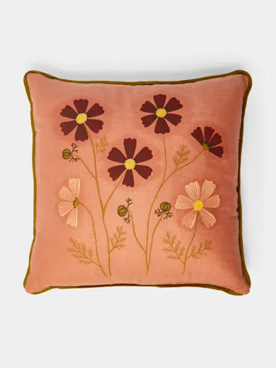 Rosemary Milner Floral Hand-embroidered Cotton Cushion  Abask Luxury Gift In Brown