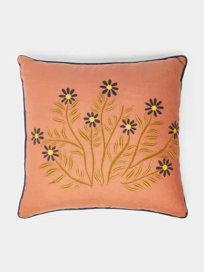 Rosemary Milner Floral Hand-embroidered Cotton Cushion  Abask Luxury Gift In Brown