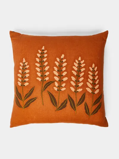 Rosemary Milner Floral Hand-embroidered Cotton Cushion  Abask Luxury Gift In Orange