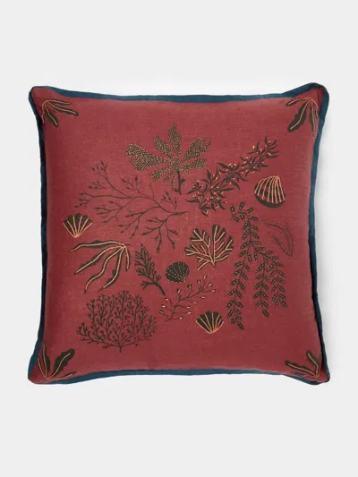 Rosemary Milner Seaweed Hand-embroidered Cotton Cushion  Abask Luxury Gift In Burgundy