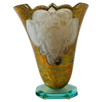 Pre-owned Rosenthal Art Deco Inspired Etched Crystal Art Glass Vase Attributed To Salvatore Polizzi In Brown
