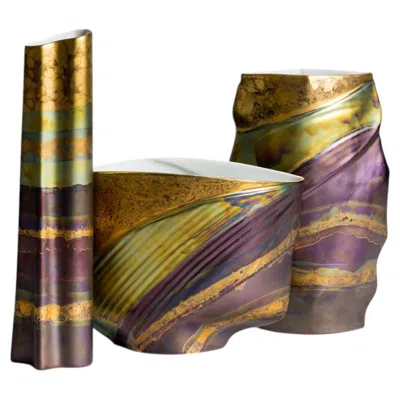 Pre-owned Rosenthal Eosin Porcelain Vase Trio By Johan Van Loon And Helmut Drexler, 1990s In Brown