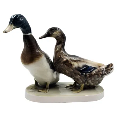 Pre-owned Rosenthal Pair Of Ducks On Enameled Porcelain Base From  In Black