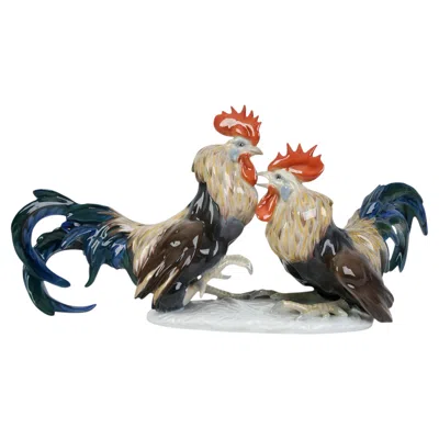 Pre-owned Rosenthal Porcelain Figure "fighting Roosters", , Germany, 1962, Model 902 In Brown