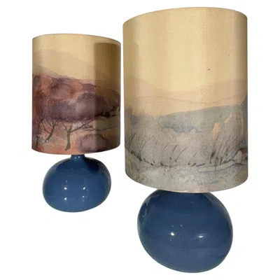 Pre-owned Rosenthal Set Of Two Table Lamps With Silk Landscape Shades, 1970s In Brown