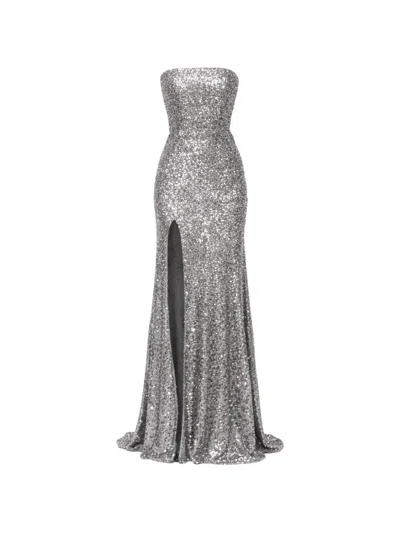 Roserry Cannes Sequin-embellished Lace-up Maxi Dress In Silver