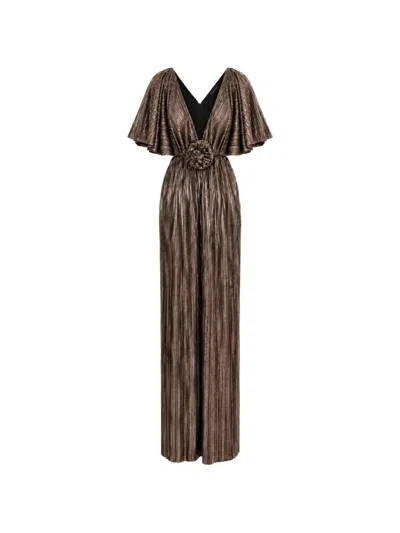 Roserry Florence Pleated Floral-appliqué Maxi Dress In Brown