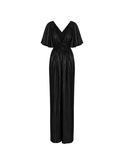 Roserry Florence Pleated Floral-appliqué Maxi Dress In Black