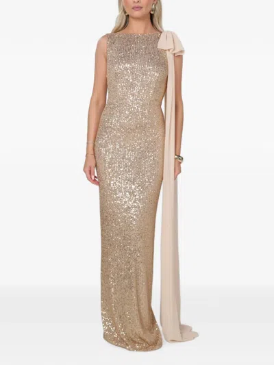 Roserry Kylie Bow-detailed Sequin-embellished Maxi Dress In Gold
