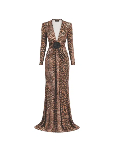 Roserry Leopard-print Floral-appliqué Slim-fit Maxi Dress In Animal Print