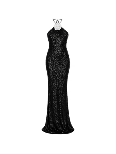 Roserry Sequin-embellished Floral-appliqué Maxi Dress In Black