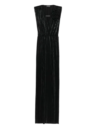 Roserry Sicily Pleated Flower-embellished Maxi Dress In Black