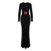 Roserry Women's Black Mallorca Jersey Maxi Dress With Red Fixed Rosette Detail In Black