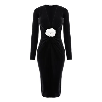 Roserry Women's Black Mallorca Jersey Midi Dress With White Fixed Rosette Detail