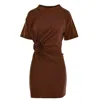 Roserry Women's Brown Carmen Mini Dress With Fixed Rosette Detail In Mocha In Brown