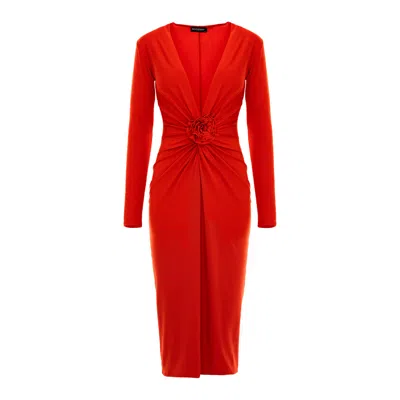 Roserry Women's Mallorca Jersey Midi Dress With Fixed Rosette Detail In Red