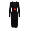 Roserry Women's Mallorca Jersey Midi Dress With Red Fixed Rosette Detail In Black In Black