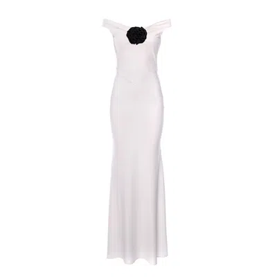 Roserry Women's Venice Maxi Jersey Dress With Black Fixed Rosette In White