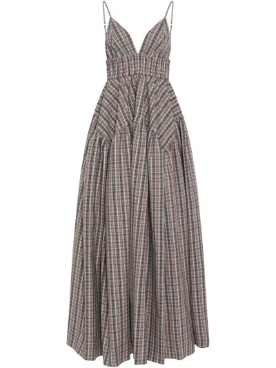 ROSETTA GETTY CHECK GATHERED MIDI DRESS