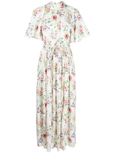 Rosetta Getty Floral Print Scarf Neck Dress In Neutral
