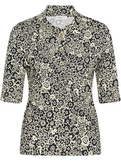 Rosetta Getty Floral-print Polo Top In Black