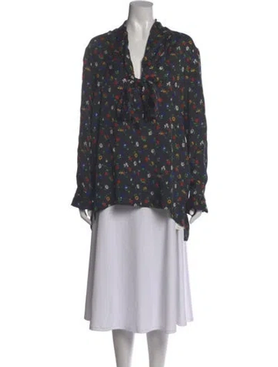 Pre-owned Rosetta Getty Floral Print Tie Neck Blouse In Gray