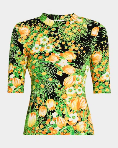 Rosetta Getty Garden Floral-print Cropped Sleeve T- Shirt In Blackmulti