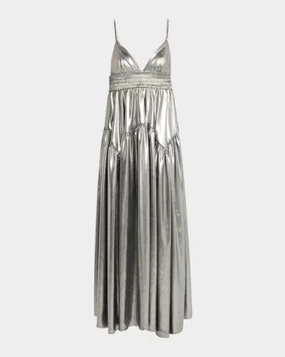 ROSETTA GETTY METALLIC GATHERED PEPLUM MAXI CAMISOLE DRESS
