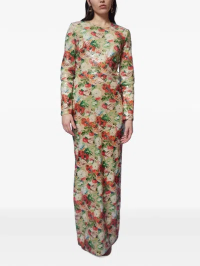 Rosetta Getty Sequin-embellished Floral-print Gown In Neutrals