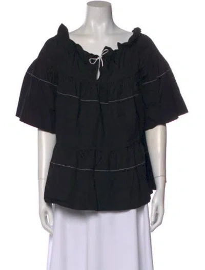 Pre-owned Rosetta Getty Tie Neck Short Sleeve Blouse In Black
