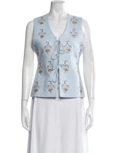 Pre-owned Rosewater House Linen Floral Print Top W/ Tags In Blue