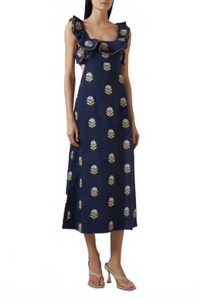 Rosewater House Malika Floral Embroidered Dress In Navy In Blue