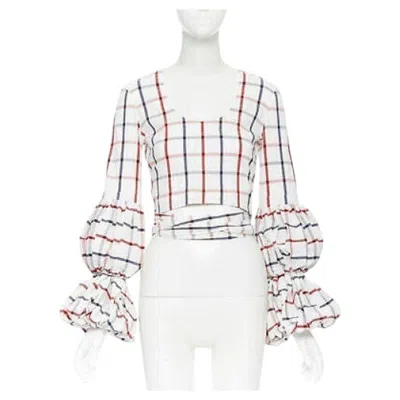 Pre-owned Rosie Assoulin 2018 White Checked Seersucker Puff Sleeve Wrap Top Us0 Xs