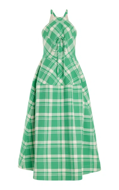 Shop Rosie Assoulin 50s Plaid Cotton Midi Dress In Green