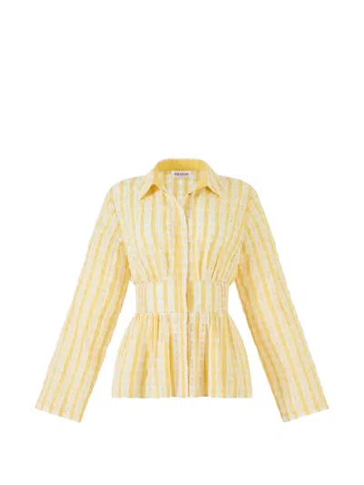 Rosie Assoulin Boogie Woogie Bugle Boy Shirred Checked Seersucker Blouse In Yellow