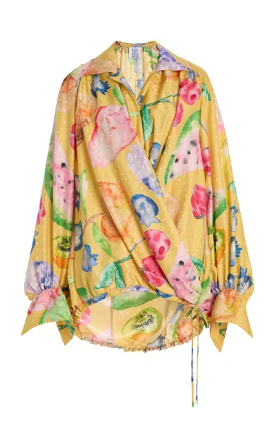 Rosie Assoulin Drawstring Pleated Silk Top In Multi