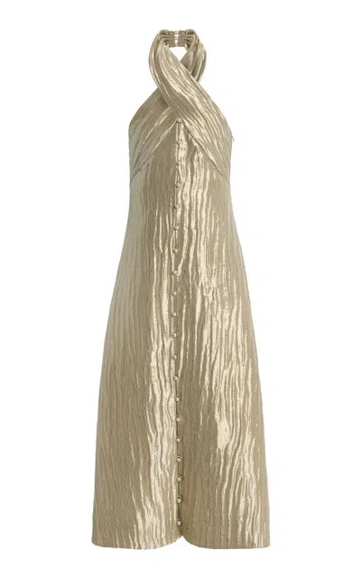 Rosie Assoulin Exclusive Twisted Lamé Maxi Halter Dress In Nude