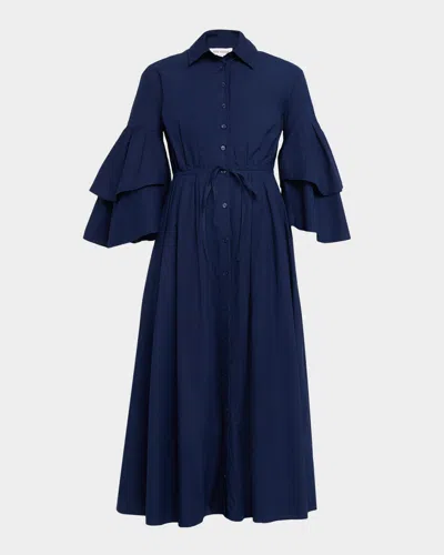 Rosie Assoulin Fiesta Ruffle-sleeve Midi Shirtdress In Navy