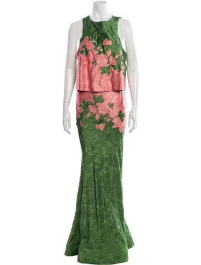 Pre-owned Rosie Assoulin Floral Print Embroidered Accent Skirt Set In Green