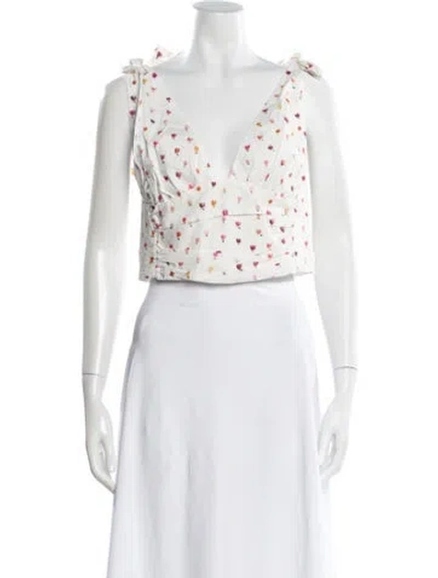 Pre-owned Rosie Assoulin Floral Print V-neck Crop Top In White