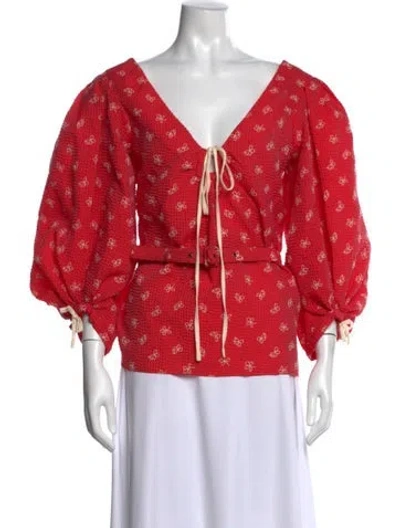 Pre-owned Rosie Assoulin Floral Print V-neck Top In Red