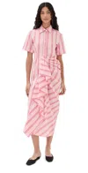 Rosie Assoulin Gathered Ruffle Striped Cotton Midi Shirtdress In Pink