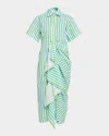 Rosie Assoulin Gathered Ruffle Striped Maxi Shirtdress In Multi
