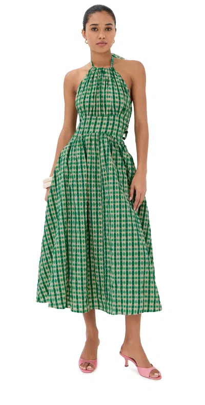 Rosie Assoulin Halter In The Name Of Love Gathered Checked Seersucker Halterneck Midi Dress In Green